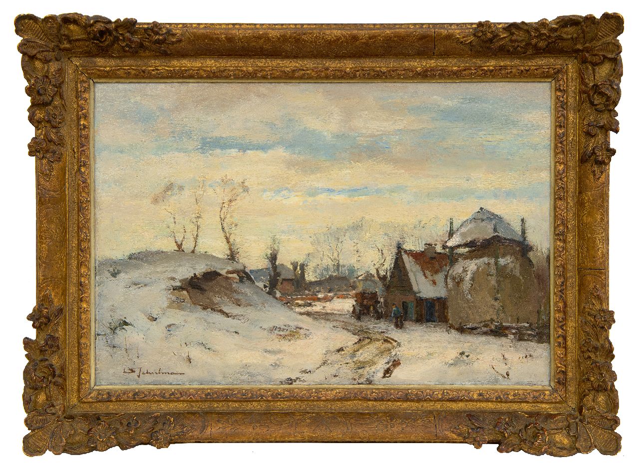 Schulman D.  | David Schulman | Schilderijen te koop aangeboden | Laren in de sneeuw, olieverf op paneel 30,3 x 45,0 cm, gesigneerd linksonder
