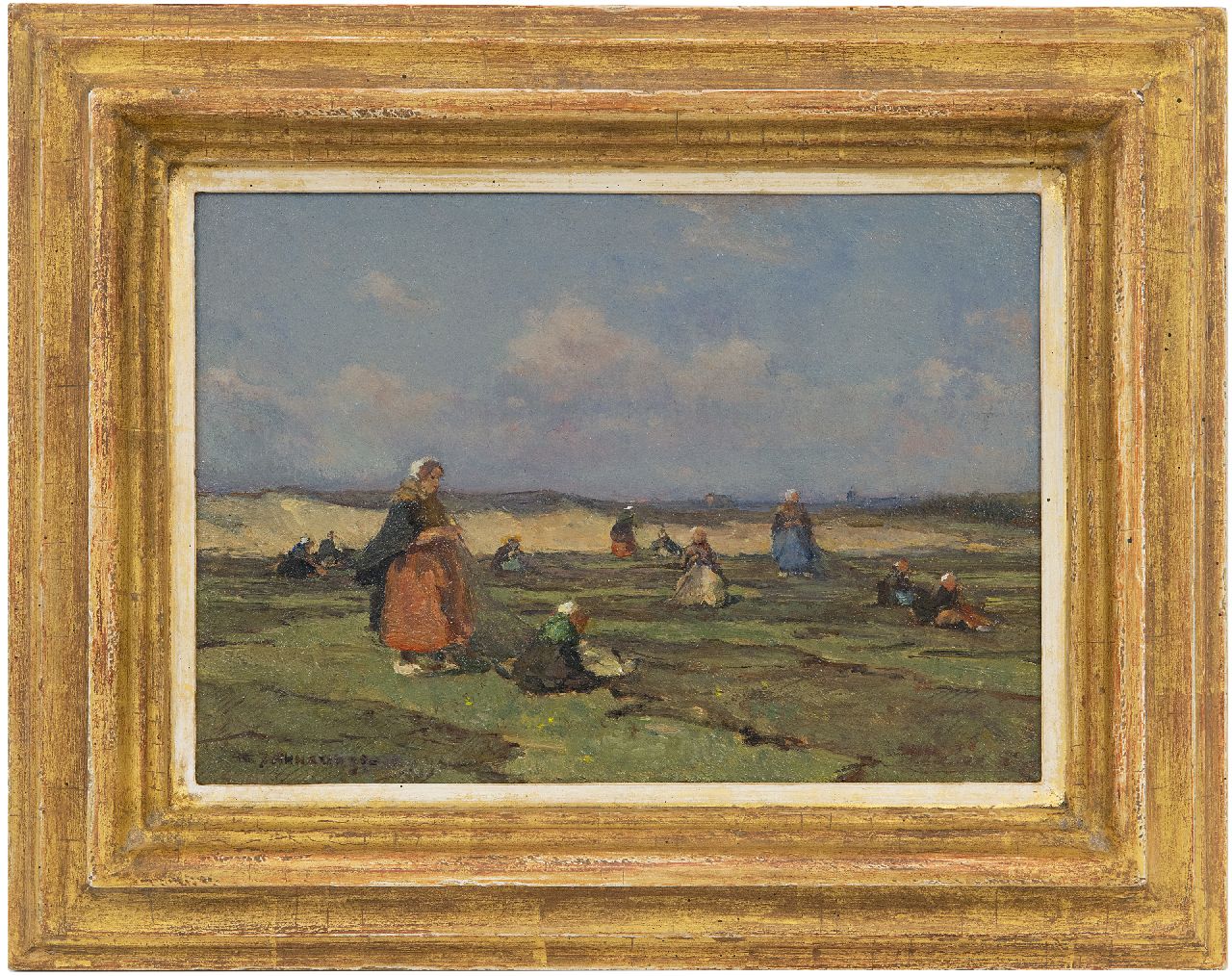 Akkeringa J.E.H.  | 'Johannes Evert' Hendrik Akkeringa | Schilderijen te koop aangeboden | Nettenboetsters in de duinen, olieverf op paneel 17,2 x 24,3 cm, gesigneerd linksonder