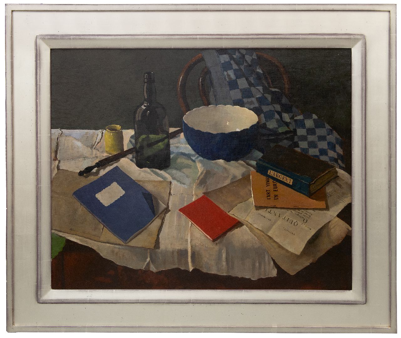 Verkoren L.  | Lucas Verkoren | Schilderijen te koop aangeboden | Stilleven met fles, kom en boeken, olieverf op doek 75,7 x 91,5 cm, gesigneerd rechts van het midden en gedateerd 1955
