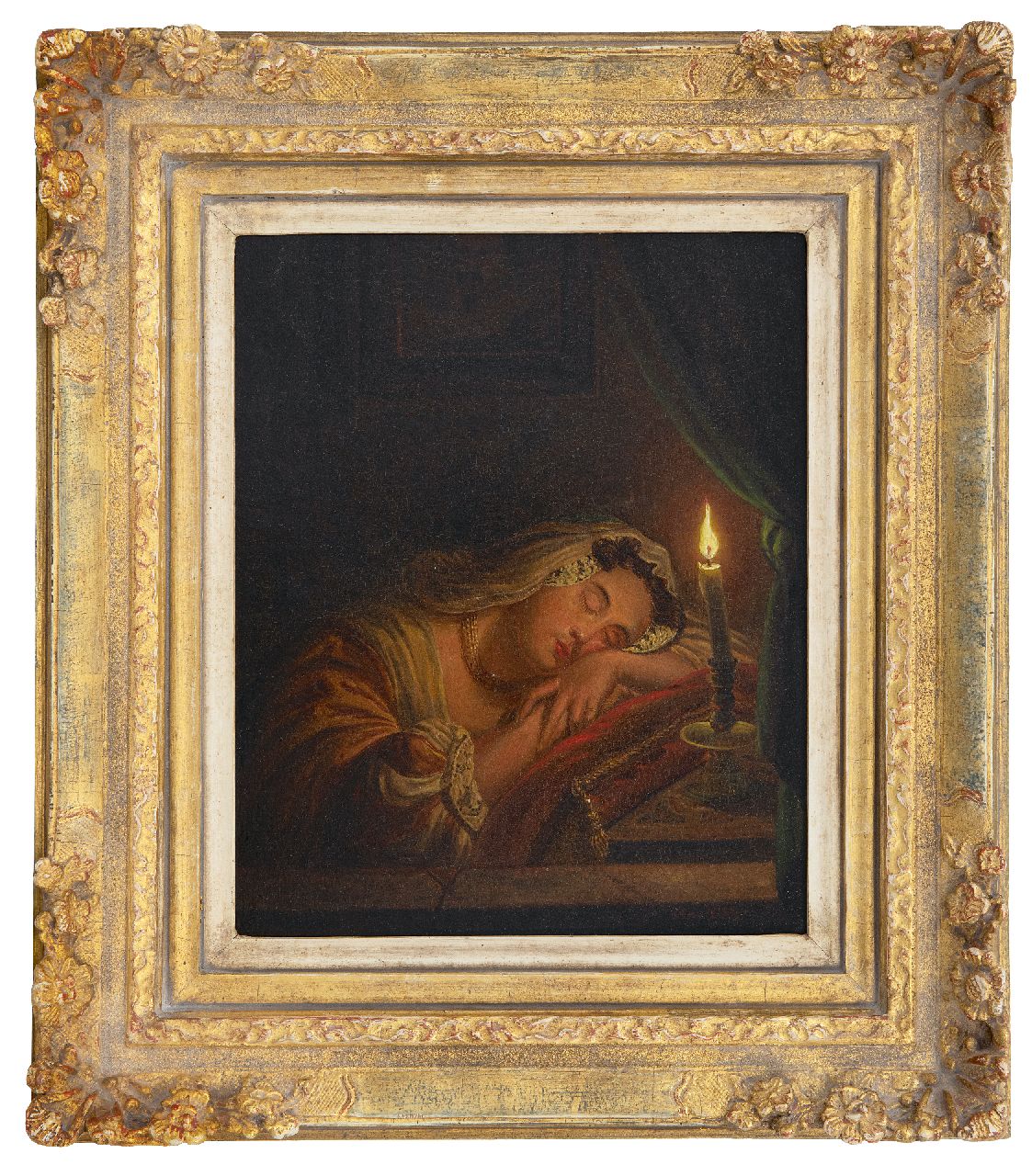 Thans W.  | Willem Thans | Schilderijen te koop aangeboden | Slapende vrouw bij kaarslicht, olieverf op paneel 25,6 x 20,2 cm, gesigneerd rechtsonder en gedateerd 1845