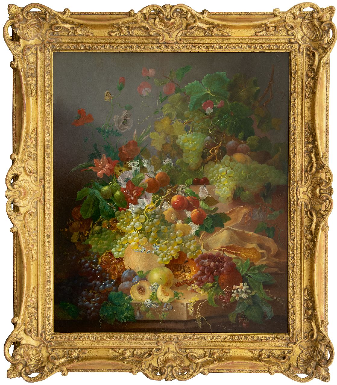 Waarden J. van der | Jan van der Waarden | Schilderijen te koop aangeboden | Stilleven met vruchten en bloemen, olieverf op paneel 91,8 x 76,7 cm, gesigneerd rechtsonder en te dateren na 1850