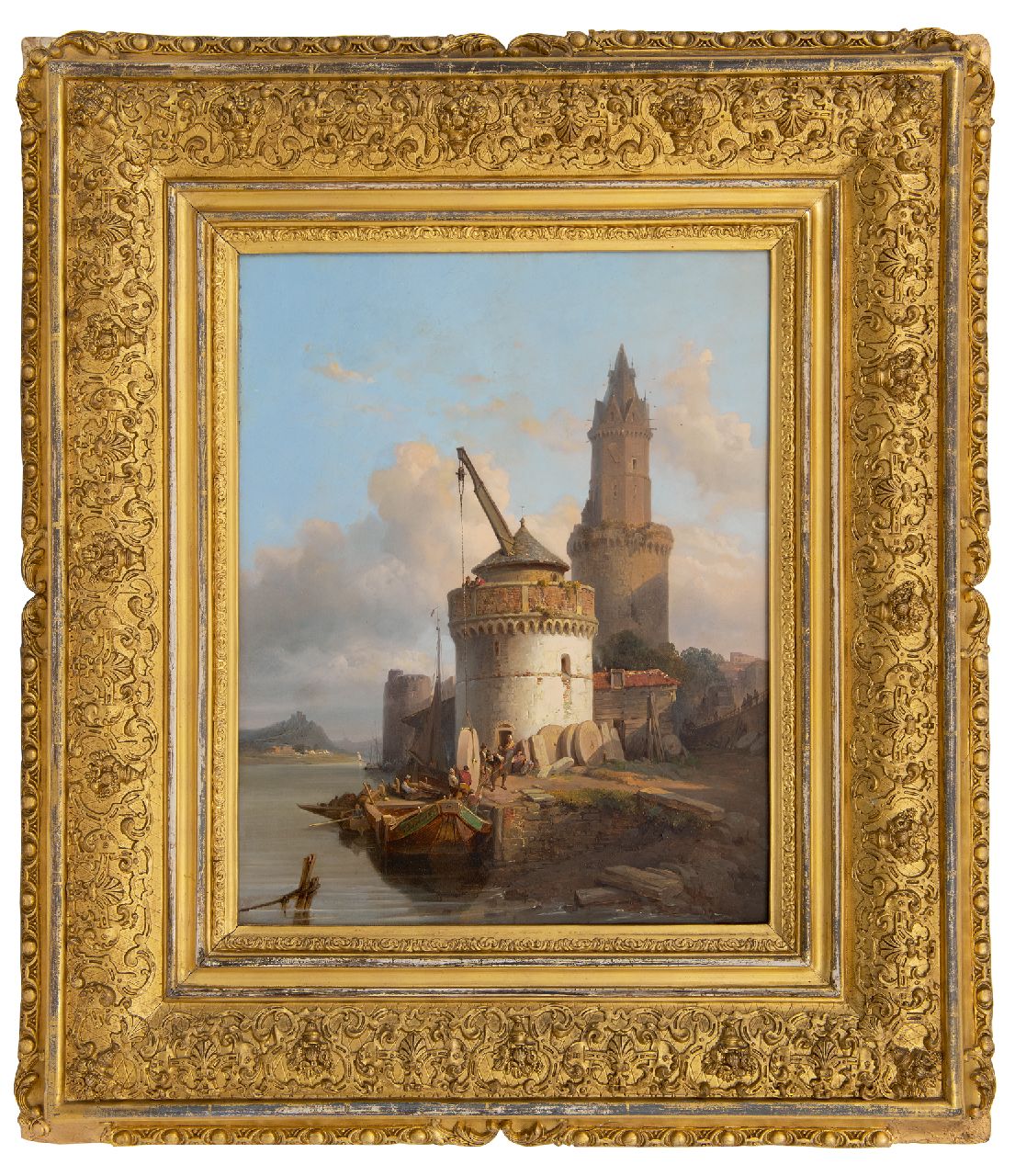 Bossuet F.A.  | François Antoine Bossuet, Het laden van molenstenen in Andernach aan de Rijn, olieverf op paneel 39,5 x 31,0 cm, gesigneerd op de boeg van het schip