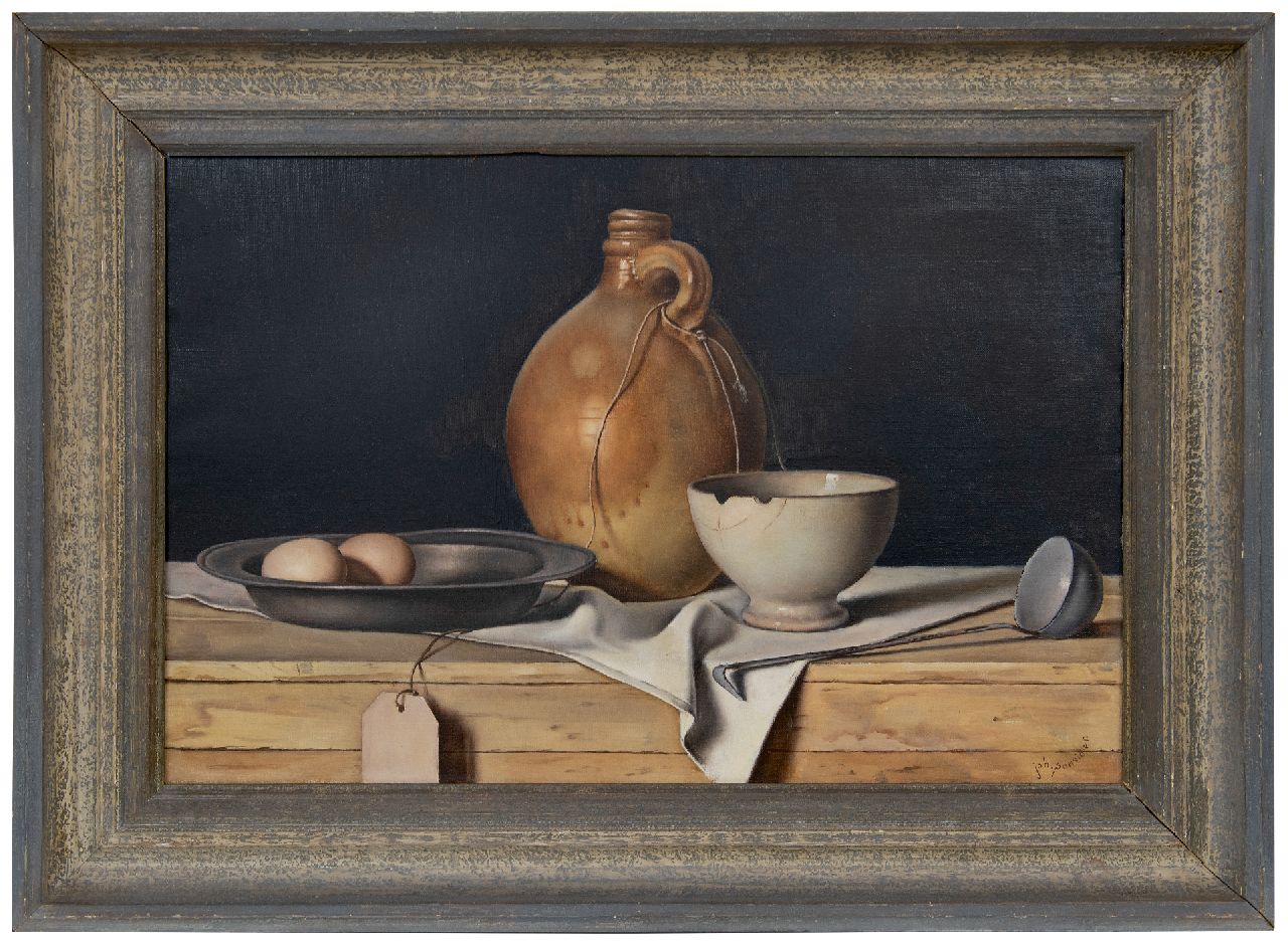 Ponsioen J.B.  | Johannes Bernardus 'Johan' Ponsioen, Stilleven met eieren, witte kom en aardewerken kruik, olieverf op doek 40,3 x 60,3 cm, gesigneerd rechtsonder