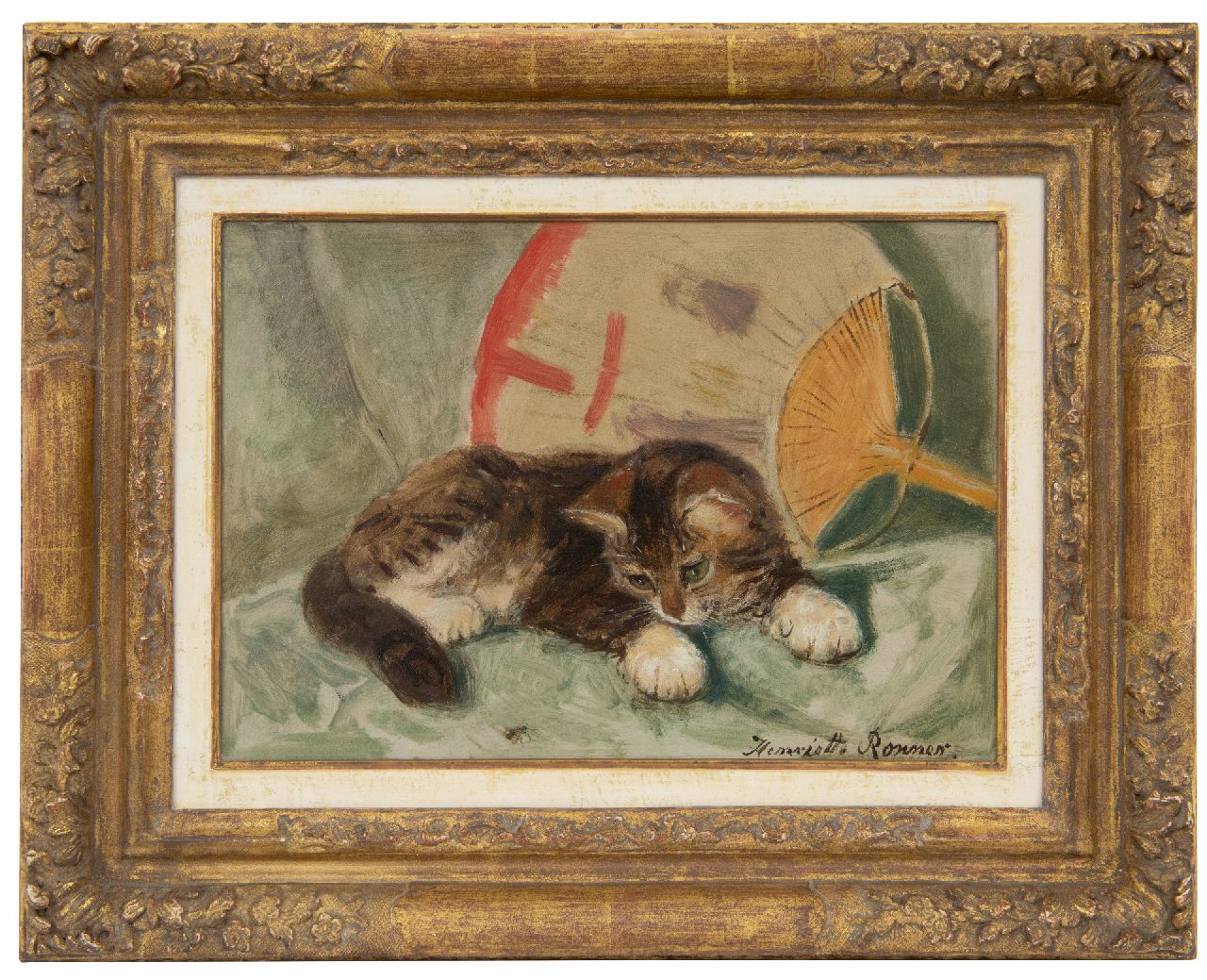 Ronner-Knip H.  | Henriette Ronner-Knip, Jong katje met een vlieg, olieverf op papier op board 21,8 x 31,2 cm, gesigneerd rechtsonder