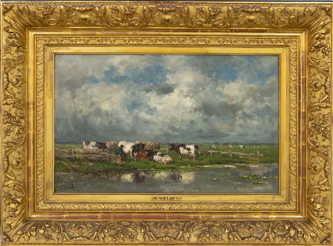 Roelofs W.  | Willem Roelofs, Melktijd, olieverf op doek 37,3 x 58,4 cm, gesigneerd linksonder en te dateren ca. 1886