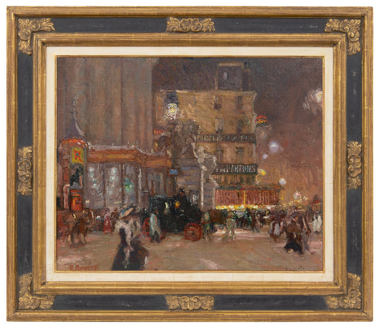 Niekerk M.J.  | 'Maurits' Joseph Niekerk, Uitgaansavond op de Place de la Bourse in Brussel, olieverf op doek op paneel 55,9 x 70,0 cm, gesigneerd linksonder en te dateren ca. 1903-1908