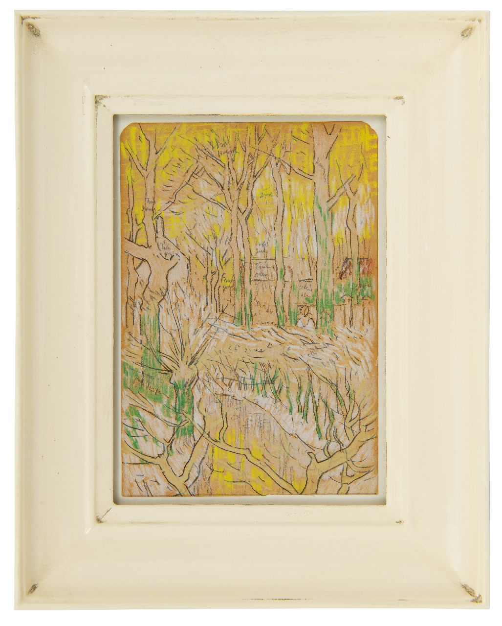 Toorop J.Th.  | Johannes Theodorus 'Jan' Toorop, Meertje omringd door bomen met boerderijen in de verte, zwart en gekleurd krijt op papier 16,4 x 11,3 cm
