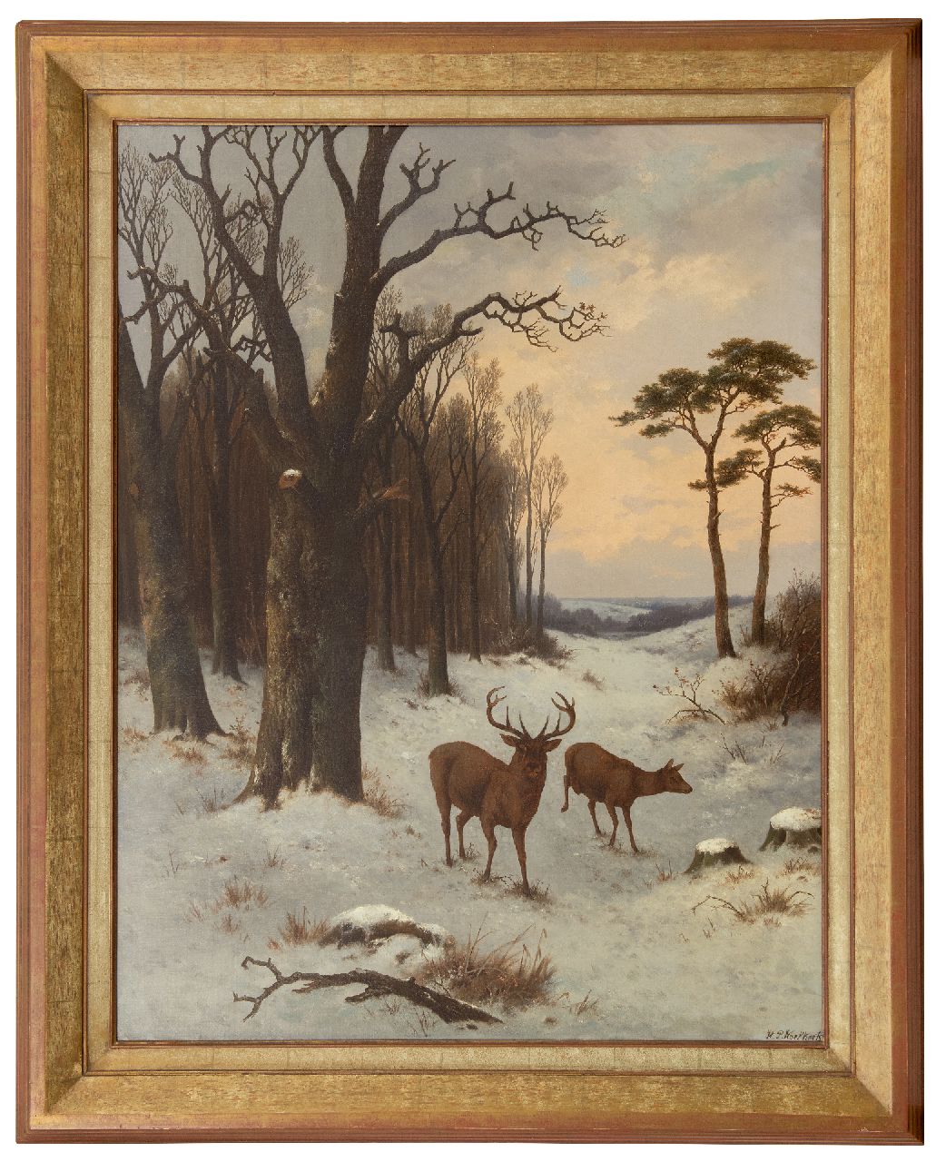Koekkoek P.H.  | Pieter Hendrik 'H.P.' Koekkoek | Schilderijen te koop aangeboden | Herten in sneeuwlandschap, olieverf op doek 91,6 x 70,8 cm, gesigneerd rechtsonder en te dateren ca. 1870