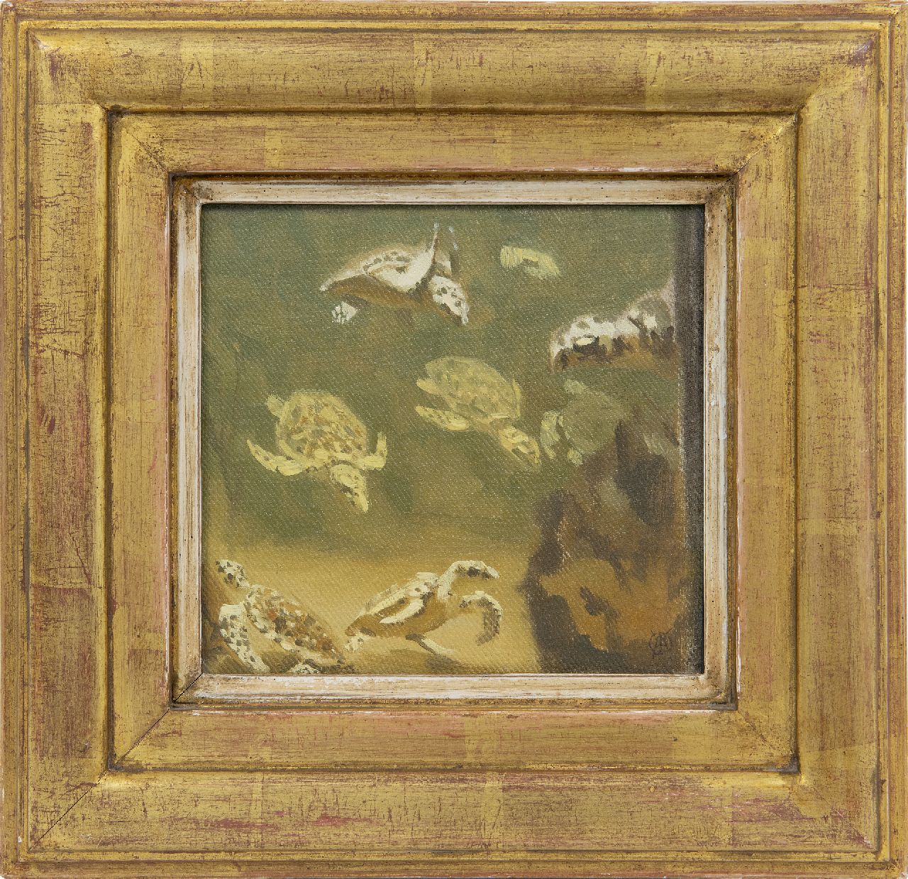 Dijsselhof G.W.  | Gerrit Willem Dijsselhof | Schilderijen te koop aangeboden | Waterschildpadjes, olieverf op paneel 15,0 x 15,0 cm, gesigneerd rechtsonder met monogram