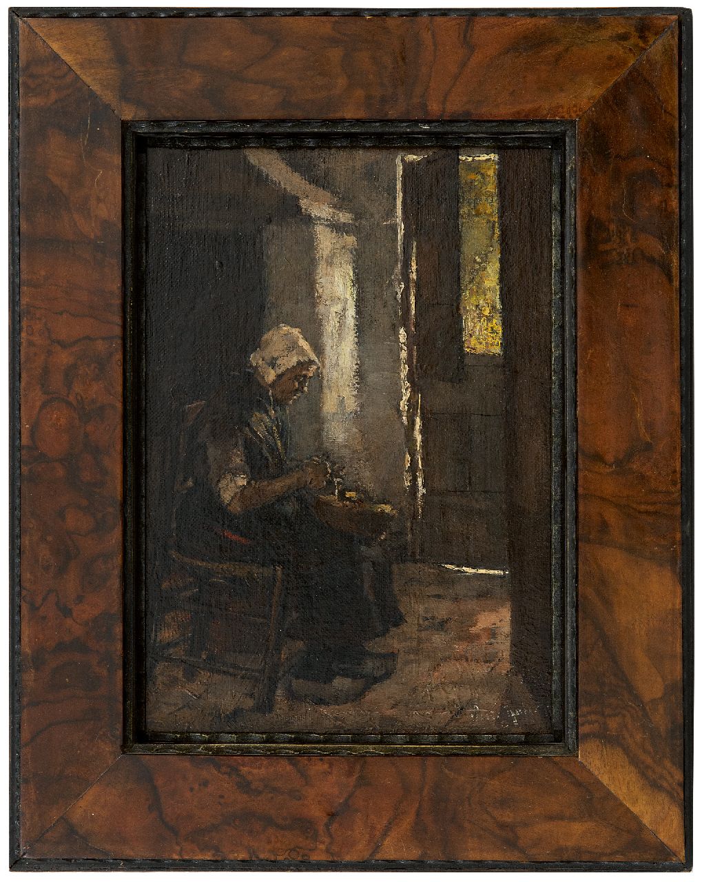 Robertson S. | Susanne 'Suze' Robertson, Aardappelschillende boerin, olieverf op doek op paneel 27,5 x 20,7 cm, gesigneerd rechtsonder Robertson S. | Susanne 'Suze' Robertson, Aardappelschillende boerin, olieverf op doek op paneel 27,5 x 20,7 cm, gesigneerd rechtsonder