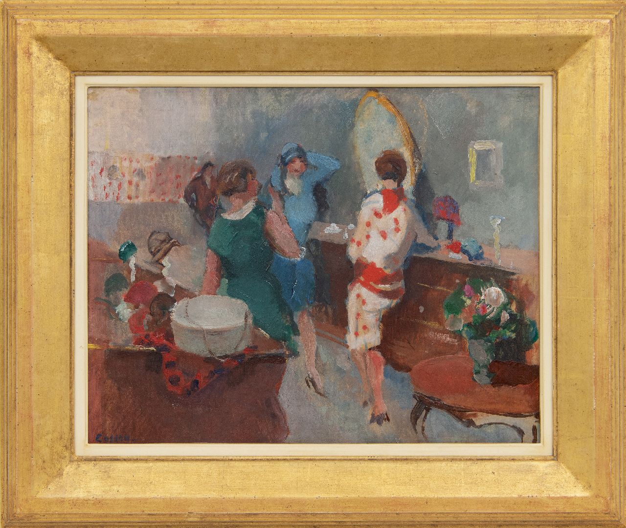 Cosson J.L.M.  | Jean Louis 'Marcel' Cosson | Schilderijen te koop aangeboden | Bij de hoedenmaakster, olieverf op board op doek 36,1 x 45,0 cm, gesigneerd linksonder