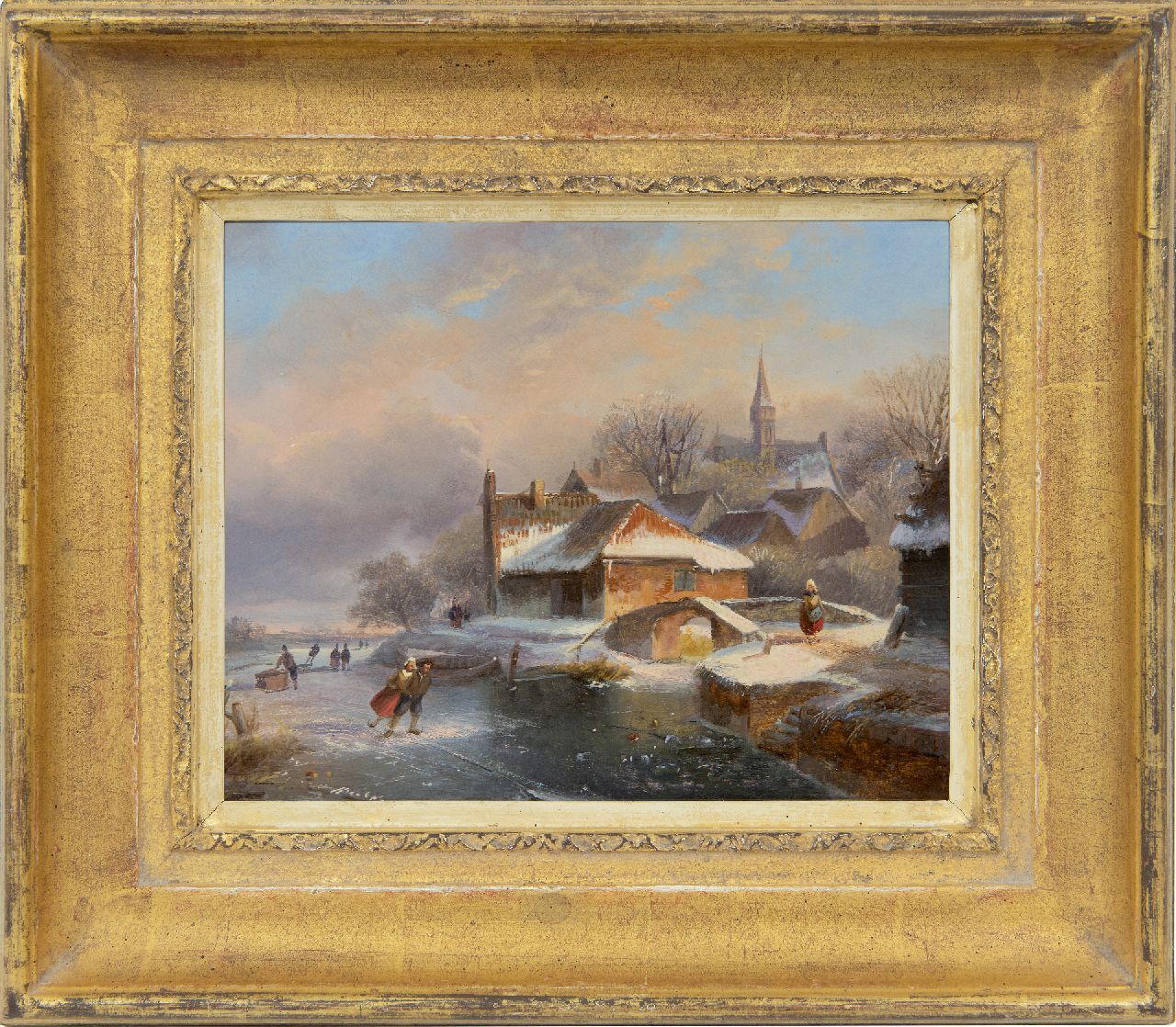 Roosenboom N.J.  | Nicolaas Johannes Roosenboom, Schaatsers bij een besneeuwd dorpje, olieverf op paneel 18,5 x 23,0 cm, gesigneerd middenonder