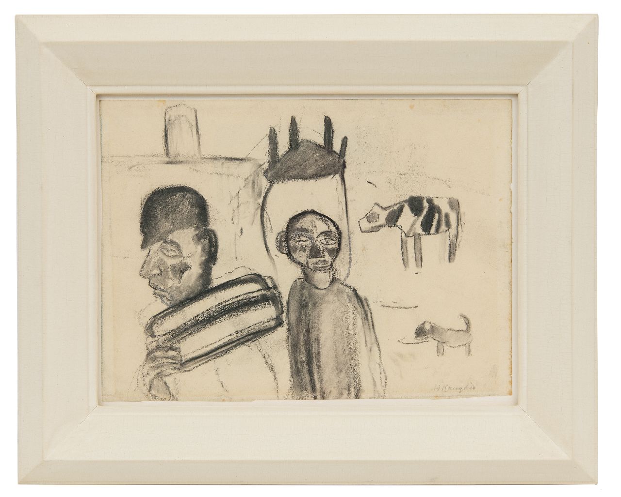 Kruyder H.J.  | 'Herman' Justus Kruyder | Aquarellen en tekeningen te koop aangeboden | Twee mannen met koe en hond, houtskool op papier 19,1 x 26,1 cm, gesigneerd rechtsonder en te dateren ca. 1920