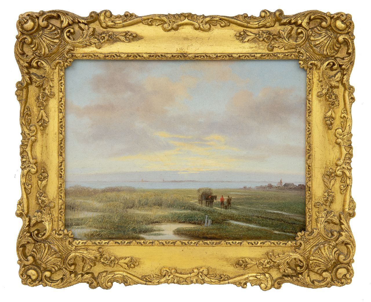 Roosenboom N.J.  | Nicolaas Johannes Roosenboom | Schilderijen te koop aangeboden | Rietsnijders met paard en wagen in weids landschap, olieverf op paneel 20,5 x 27,0 cm, gesigneerd rechtsonder