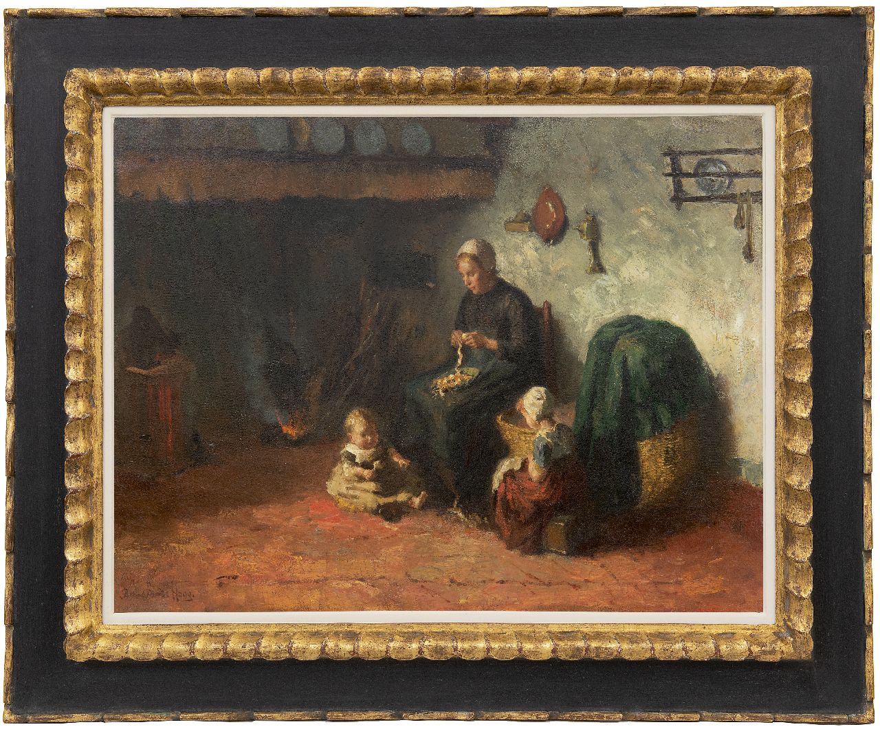Hoog J.B. de | Johan 'Bernard' de Hoog | Schilderijen te koop aangeboden | Boereninterieur met jonge moeder en kinderen, olieverf op doek 50,0 x 65,5 cm, gesigneerd linksonder