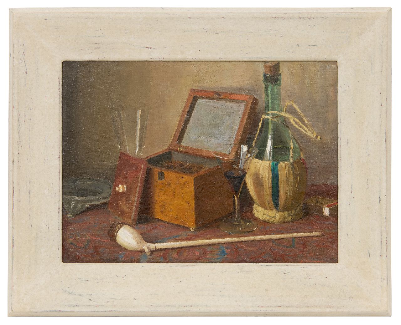 Altink J.  | Jan Altink | Schilderijen te koop aangeboden | Stilleven met tabakskistje, pijp en wijnfles, olieverf op doek 30,3 x 40,3 cm, gesigneerd rechtsonder