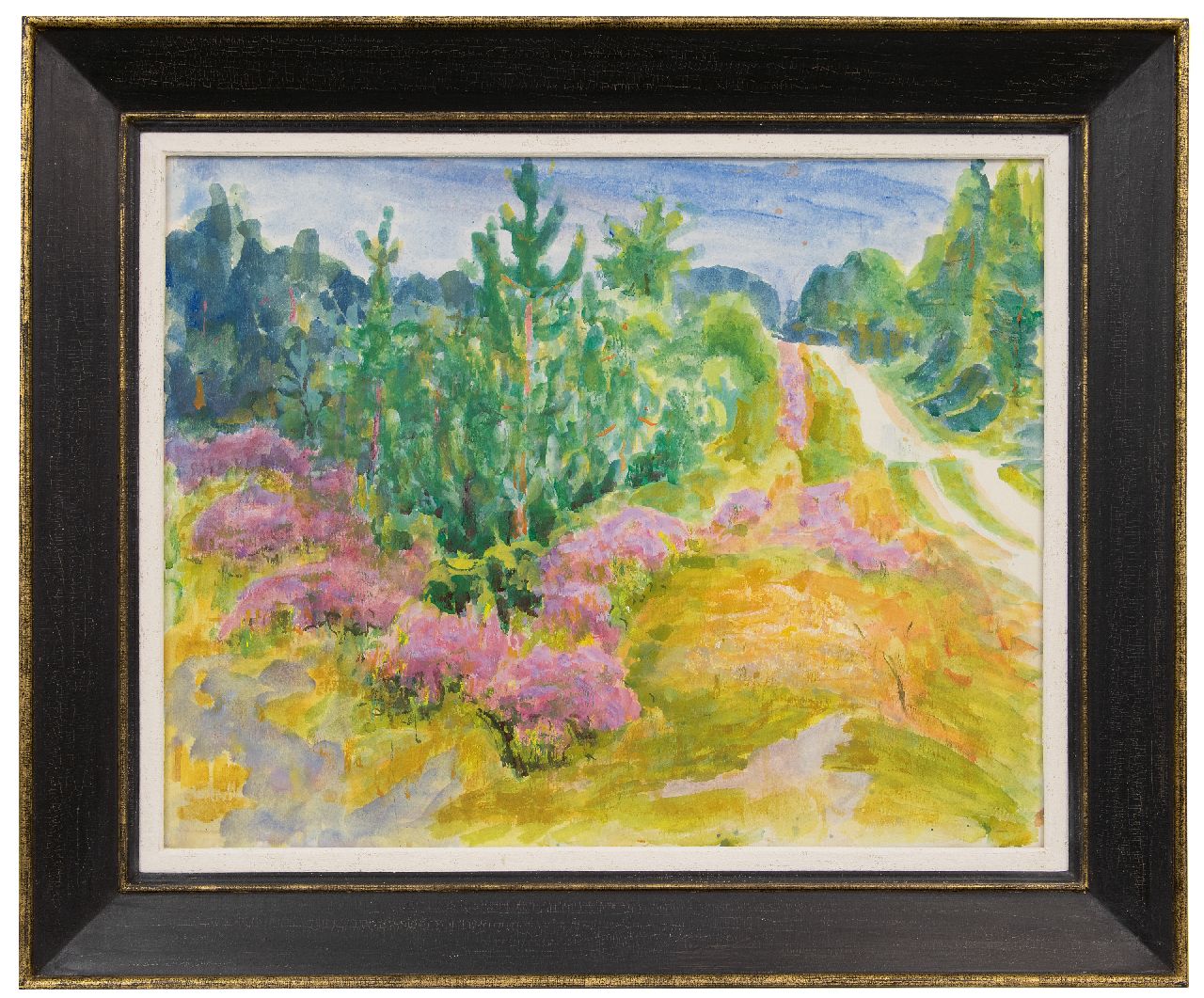 Altink J.  | Jan Altink, Landweg door dennenbos en bloeiende heide, aquarel op papier 54,9 x 69,8 cm