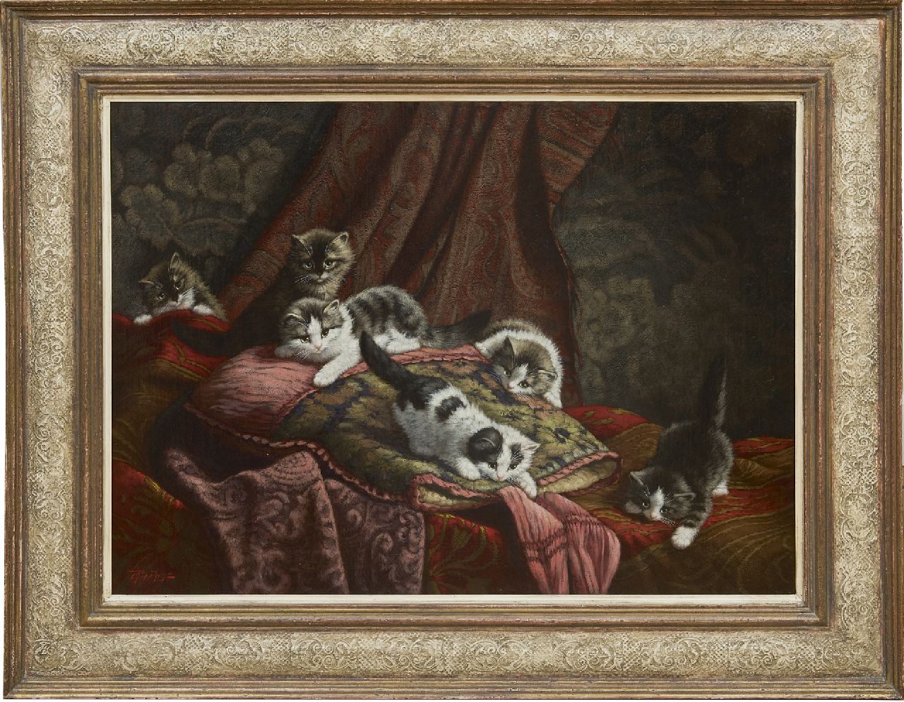 Raaphorst C.  | Cornelis Raaphorst, Zes kittens spelend in een interieur, olieverf op doek 60,1 x 80,3 cm, gesigneerd linksonder