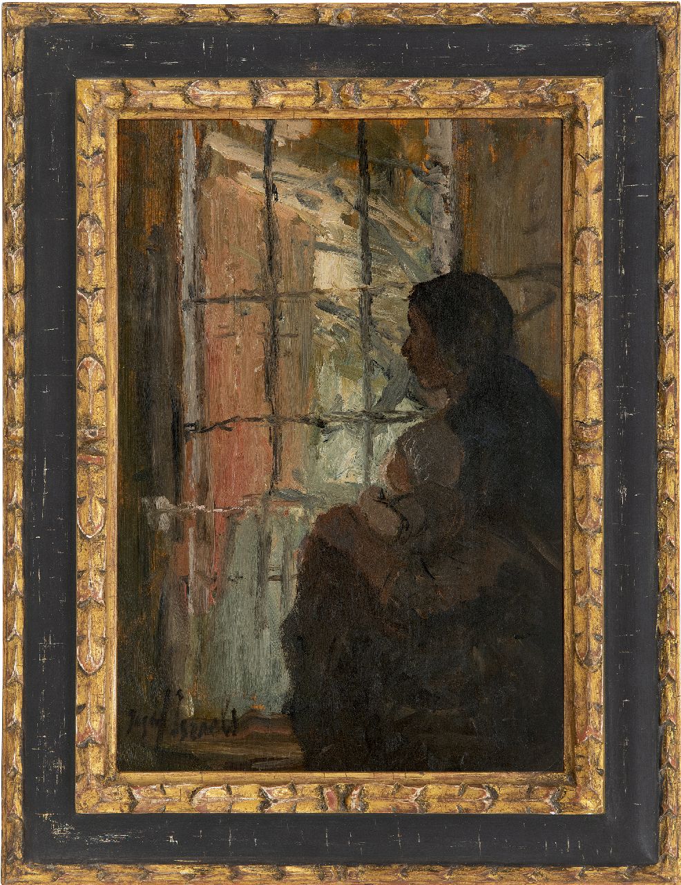 Israëls J.  | Jozef Israëls, Moeder en kind bij het raam, olieverf op paneel 38,6 x 27,1 cm, gesigneerd linksonder