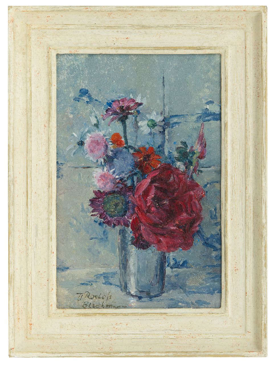 Roelofs-Bleckmann E.F.  | Elisabeth Francoise 'Tjieke' Roelofs-Bleckmann, Zomerbloemen in vaas, olieverf op paneel 29,8 x 18,8 cm, gesigneerd linksonder