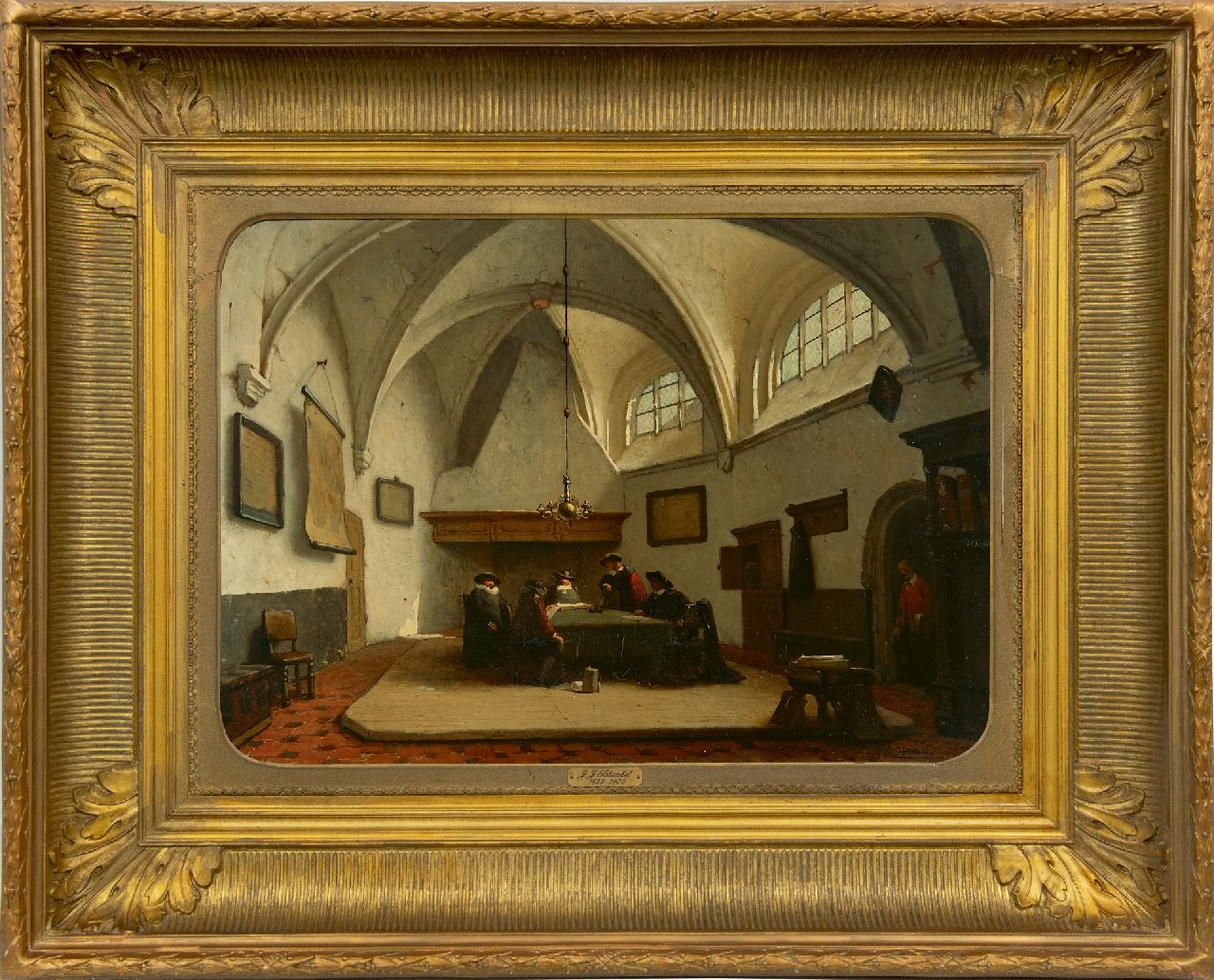 Schenkel J.J.  | Jan Jacob Schenkel, Schepenen bijeen in de consistoriekamer van de Grote Kerk, Breda, olieverf op paneel 39,4 x 55,8 cm, gesigneerd rechtsonder