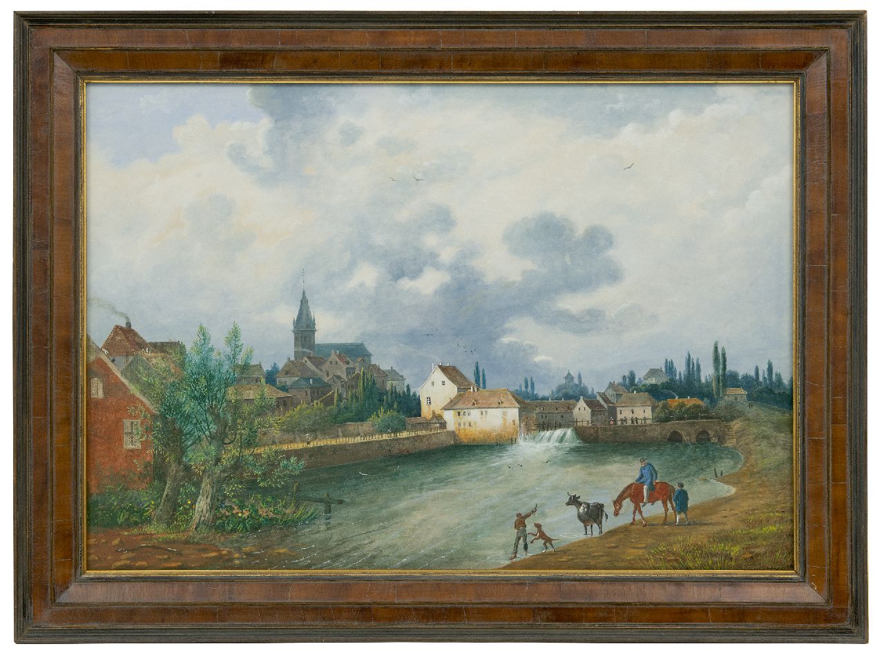 Knip H.J. | Hendrikus Johannes 'Henri' Knip | Aquarellen en tekeningen te koop aangeboden | Gezicht op een stad met snelstromende rivier (mogelijk Zwitserland), gouache op papier 49,5 x 72,7 cm, gesigneerd rechtsonder Knip H.J. | Hendrikus Johannes 'Henri' Knip | Aquarellen en tekeningen te koop aangeboden | Gezicht op een stad met snelstromende rivier (mogelijk Zwitserland), gouache op papier 49,5 x 72,7 cm, gesigneerd rechtsonder