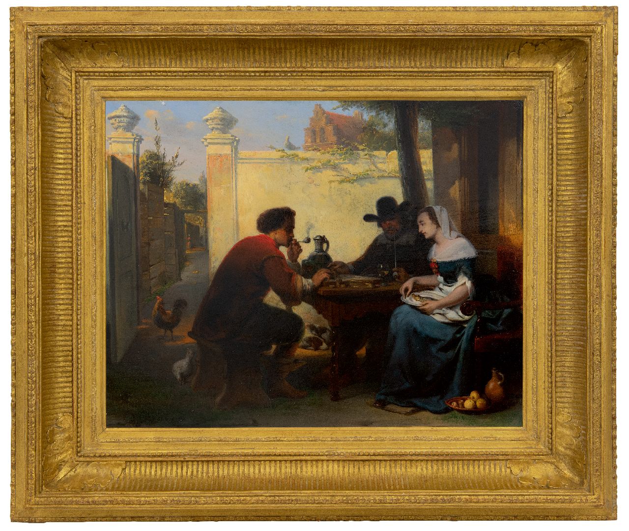 Laar J.H. van de | Jan Hendrik van de Laar | Schilderijen te koop aangeboden | Damspel op de binnenplaats, olieverf op paneel 40,8 x 51,1 cm, gesigneerd links van het midden. op bankje en gedateerd 1864