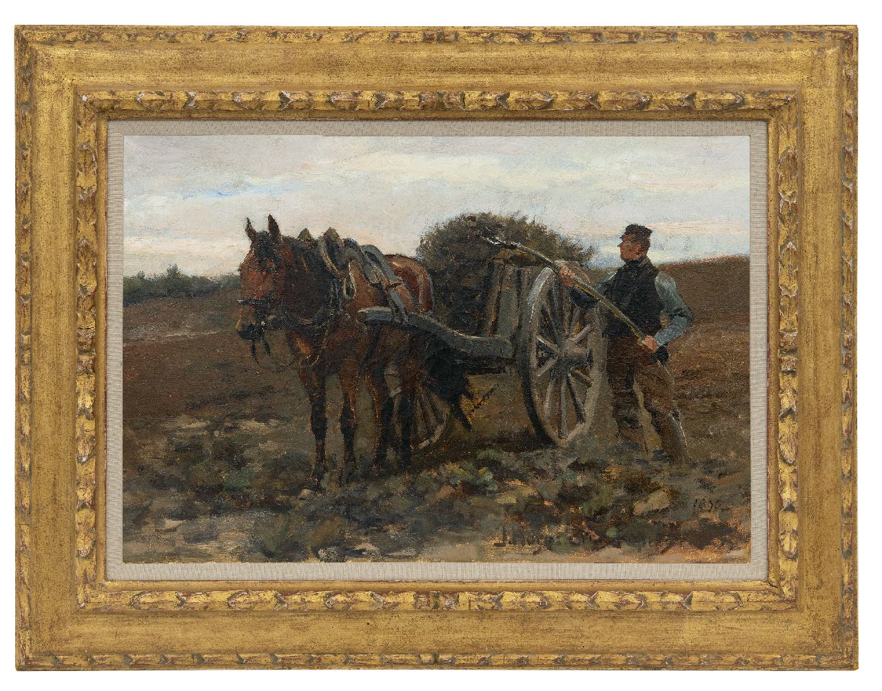 Hoynck van Papendrecht J.  | Jan Hoynck van Papendrecht | Schilderijen te koop aangeboden | Boer met paard en kar op het veld, olieverf op doek 32,6 x 48,9 cm, gesigneerd rechtsonder en op etiket op spieraam en gedateerd 1890