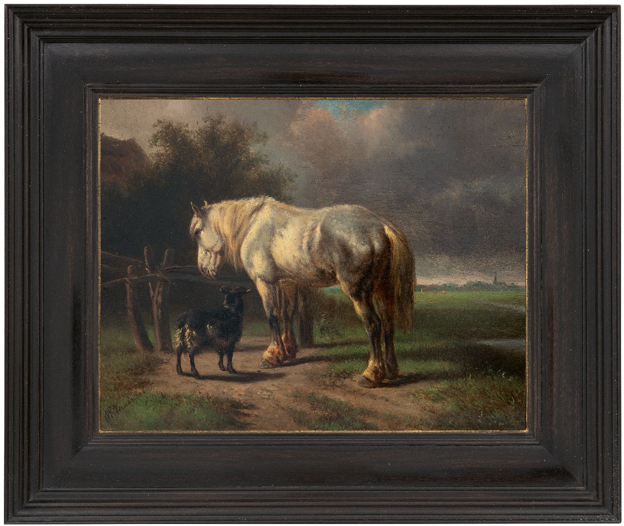 Verschuur W.  | Wouterus Verschuur, Paard en bokje bij een hek, olieverf op paneel 23,0 x 29,2 cm, gesigneerd linksonder