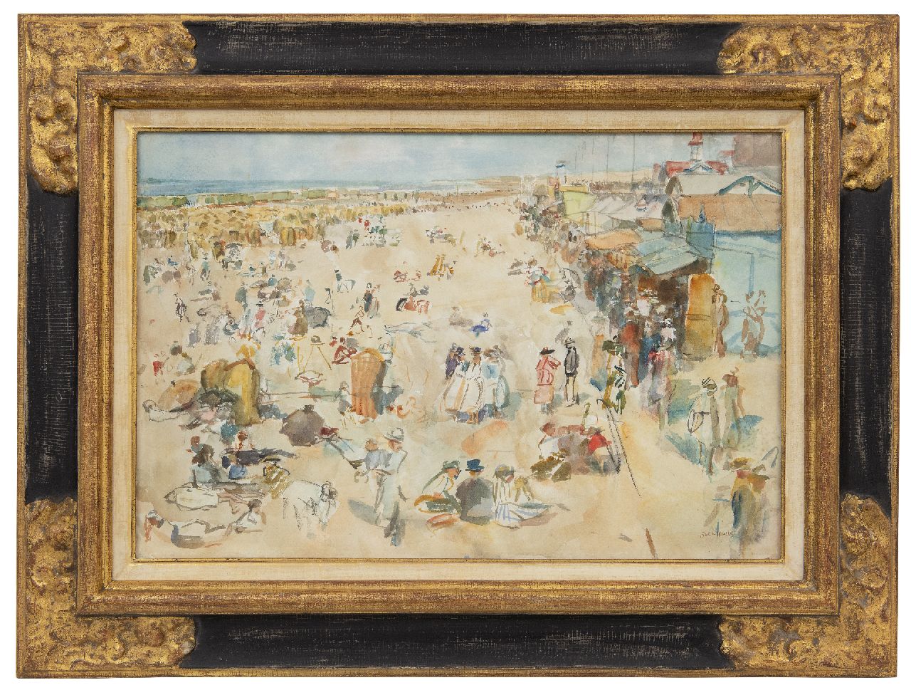 Israels I.L.  | 'Isaac' Lazarus Israels, Een drukke dag op het strand van Scheveningen, aquarel op papier 33,7 x 50,5 cm, gesigneerd rechtsonder en te dateren ca. 1920
