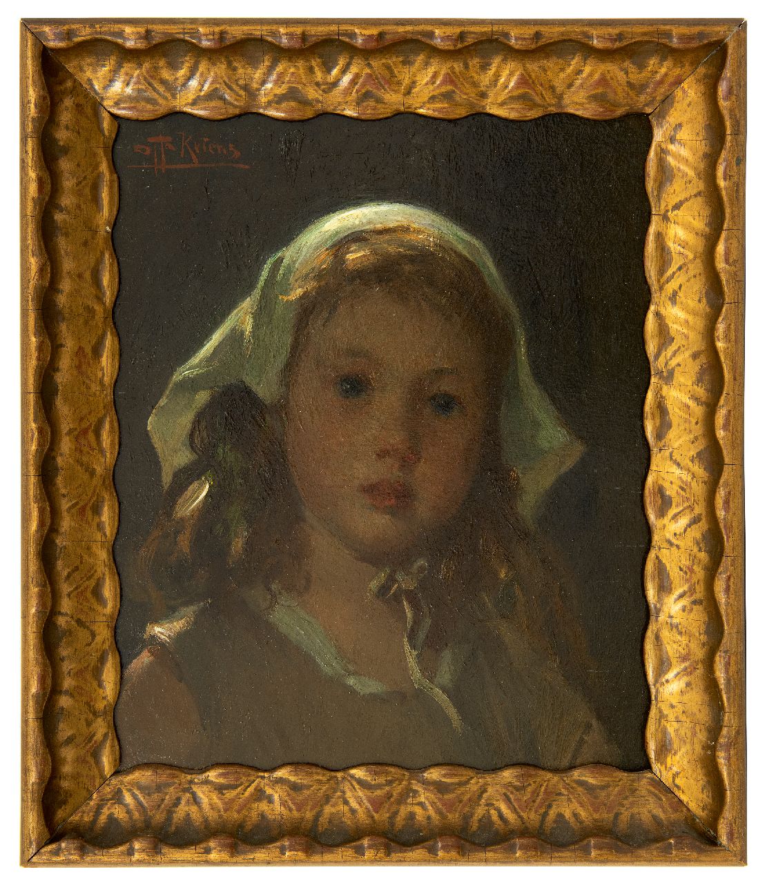 Kriens O.G.A.  | 'Otto' Gustav Adolf Kriens | Schilderijen te koop aangeboden | Meisjeskopje, olieverf op paneel 33,0 x 27,2 cm, gesigneerd linksboven