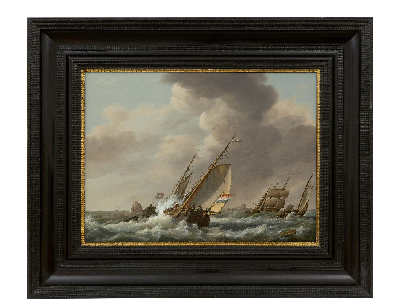 Koekkoek J.H.  | Johannes Hermanus Koekkoek, Laverende schepen in een stevige bries, olieverf op paneel 35,7 x 48,3 cm, gesigneerd rechtsonder