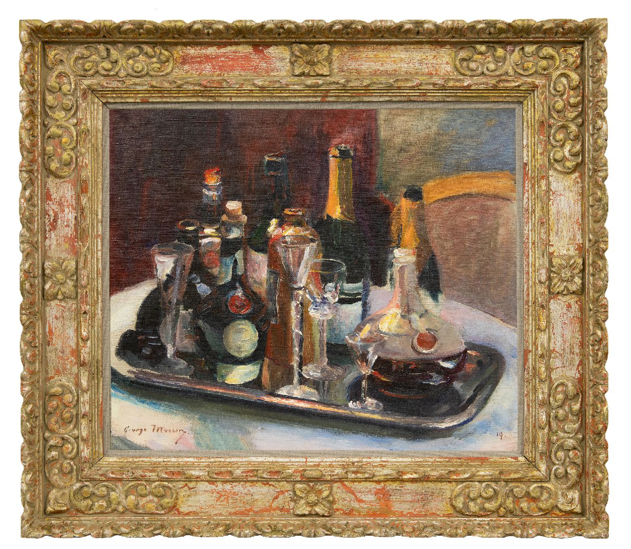 Mosson G.  | Georges 'George' Mosson | Schilderijen te koop aangeboden | Stilleven met Dom Bénédictine likeur, flessen en glazen, olieverf op doek 54,7 x 63,1 cm, gesigneerd linksonder en gedateerd '19
