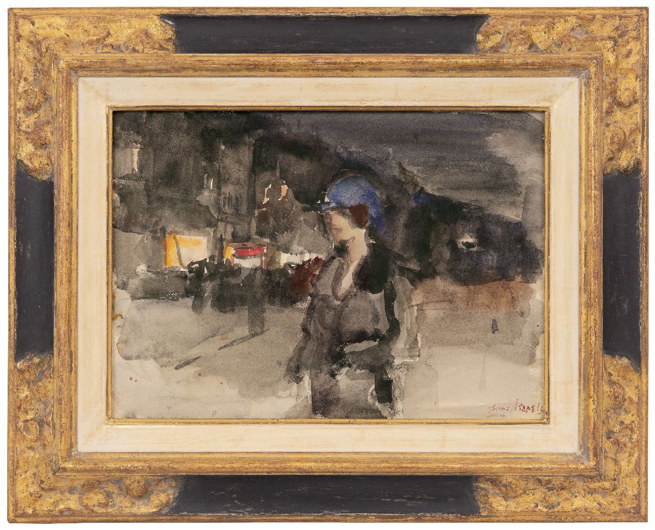 Israels I.L.  | 'Isaac' Lazarus Israels, Vrouw met blauwe hoed in Amsterdamse winkelstraat, bij avond, aquarel op papier 25,5 x 35,4 cm, gesigneerd rechtsonder