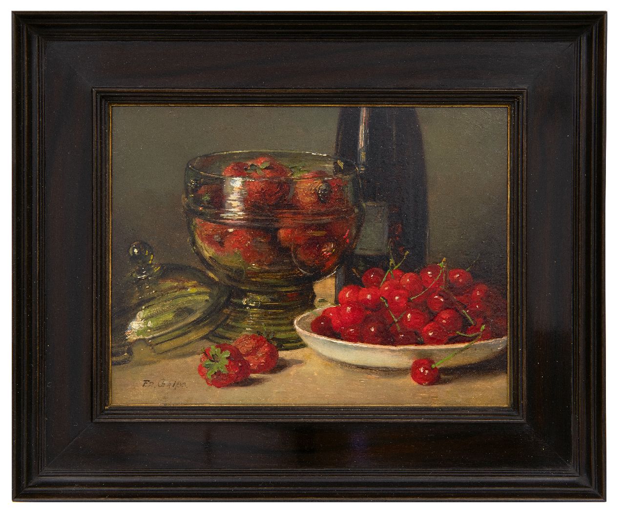 Grips F.  | Frédéric Antoine Marie 'Frits' Grips, Stilleven met kersen en aardbeien in glazen pot, olieverf op paneel 16,0 x 21,1 cm, gesigneerd linksonder