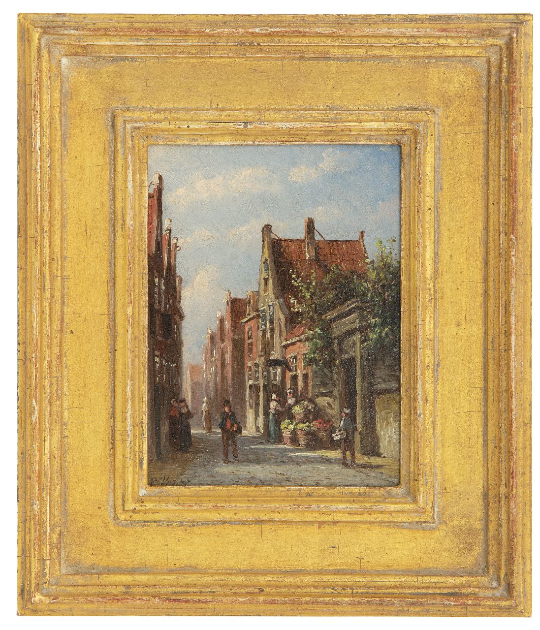 Vertin P.G.  | Petrus Gerardus Vertin | Schilderijen te koop aangeboden | Zonnig straatje met groenteverkoopster, olieverf op paneel 13,4 x 10,2 cm, gesigneerd linksonder