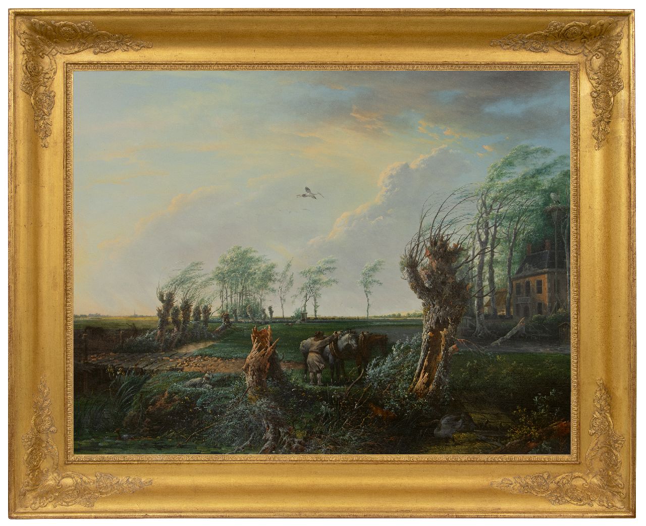 Nijmegen G. van | Gerard van Nijmegen | Schilderijen te koop aangeboden | Boer met werkpaarden op een landgoed bij storm, olieverf op paneel 68,8 x 89,7 cm, gesigneerd met initialen
