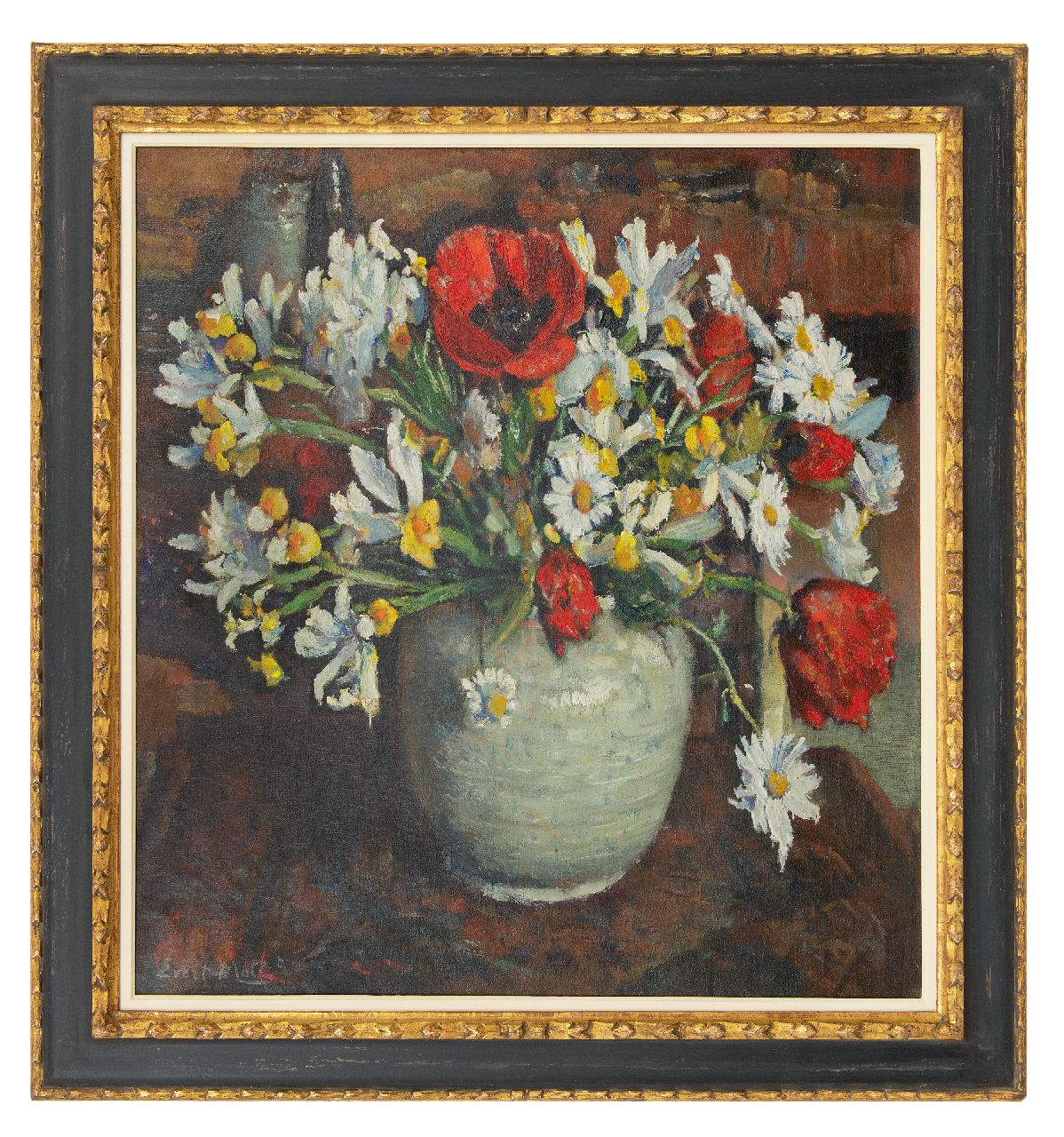 Moll E.  | Evert Moll | Schilderijen te koop aangeboden | Klaprozen en margrieten in witte vaas, olieverf op doek 76,0 x 70,2 cm, gesigneerd linksonder