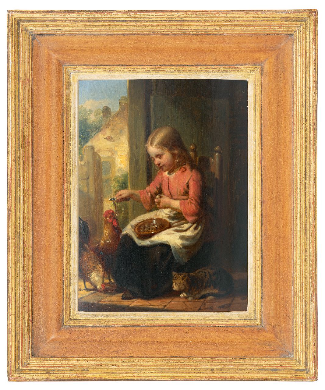 Canta J.A.  | Johannes Antonius Canta | Schilderijen te koop aangeboden | Meisje met poes en kippen, olieverf op paneel 26,0 x 19,0 cm, gesigneerd linksonder