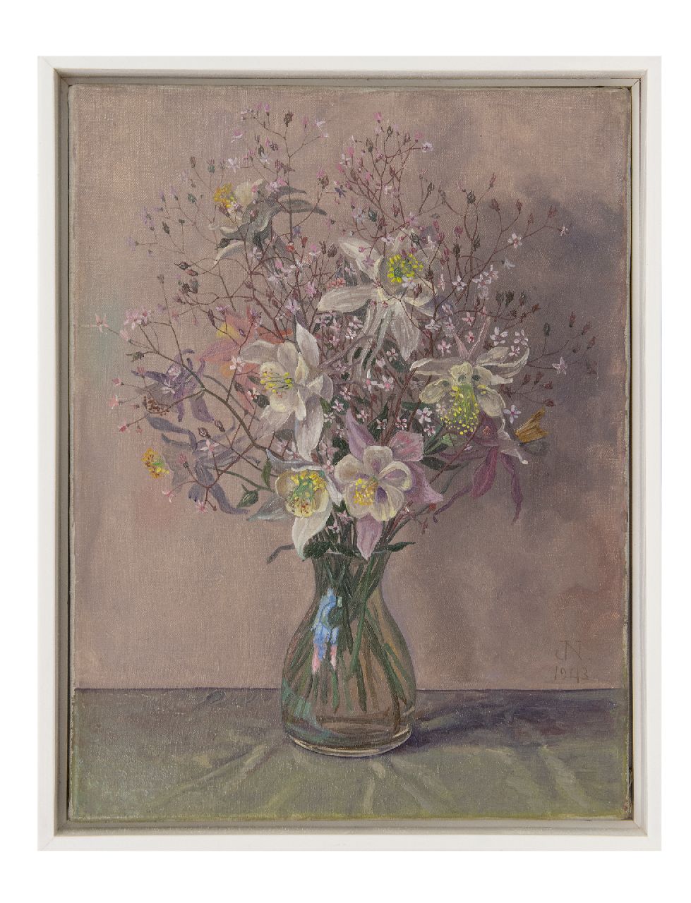 Nieweg J.  | Jakob Nieweg | Schilderijen te koop aangeboden | Bloemen in glazen vaas, olieverf op doek 40,3 x 30,4 cm, gesigneerd rechtsonder met monogram en gedateerd 1943