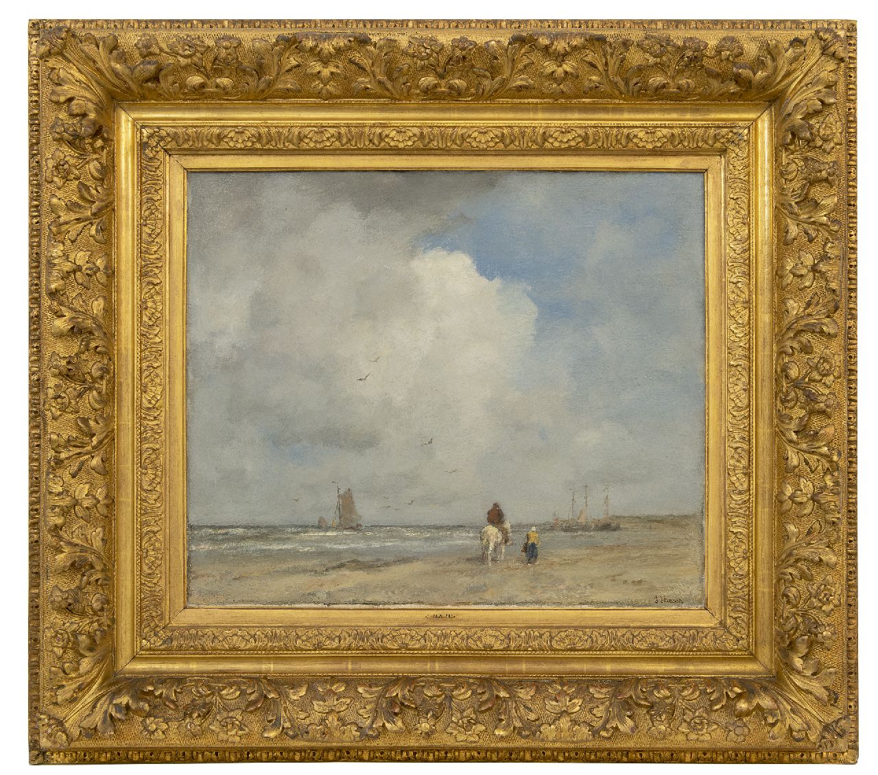Maris J.H.  | Jacobus Hendricus 'Jacob' Maris, Boten en vissers op het strand, olieverf op doek 46,8 x 55,5 cm, gesigneerd rechtsonder en te dateren 1890-1895