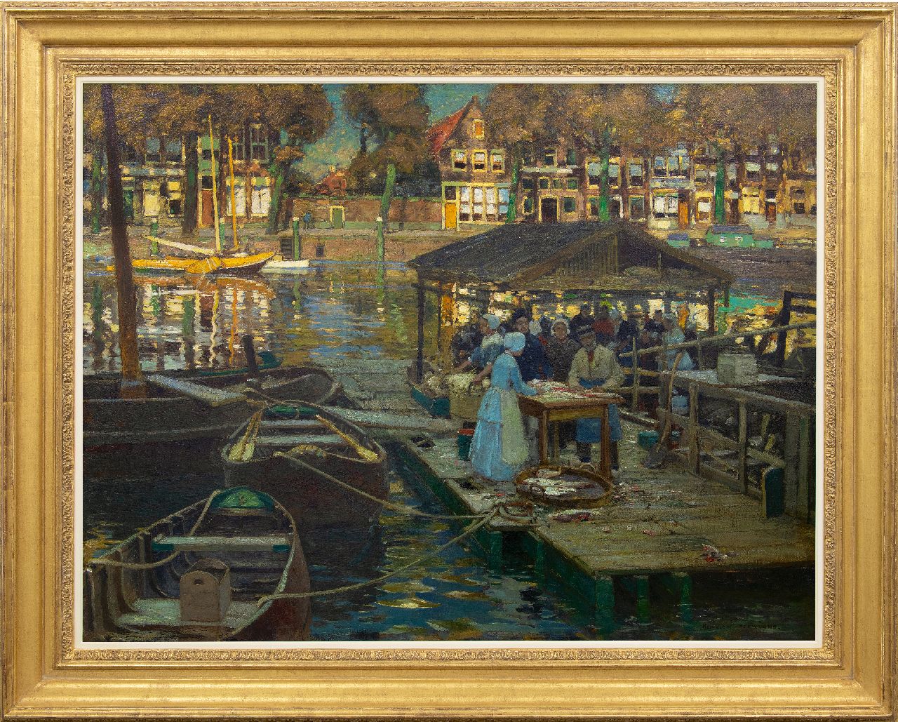 Hermanns H.  | Heinrich Hermanns, Gezicht op de Vismarkt in de Nieuwe Haven, Dordrecht, olieverf op doek 100,5 x 131,6 cm, gesigneerd rechtsonder