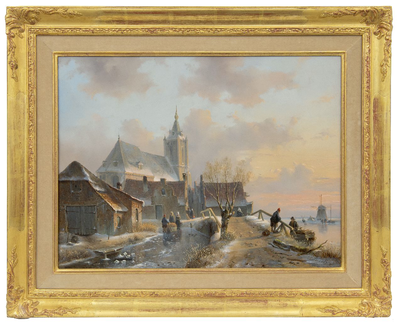 Leickert C.H.J.  | 'Charles' Henri Joseph Leickert, Besneeuwd  dorpsgezicht met figuren op het ijs, olieverf op paneel 37,5 x 49,7 cm, gesigneerd rechtsonder en te dateren ca. 1845