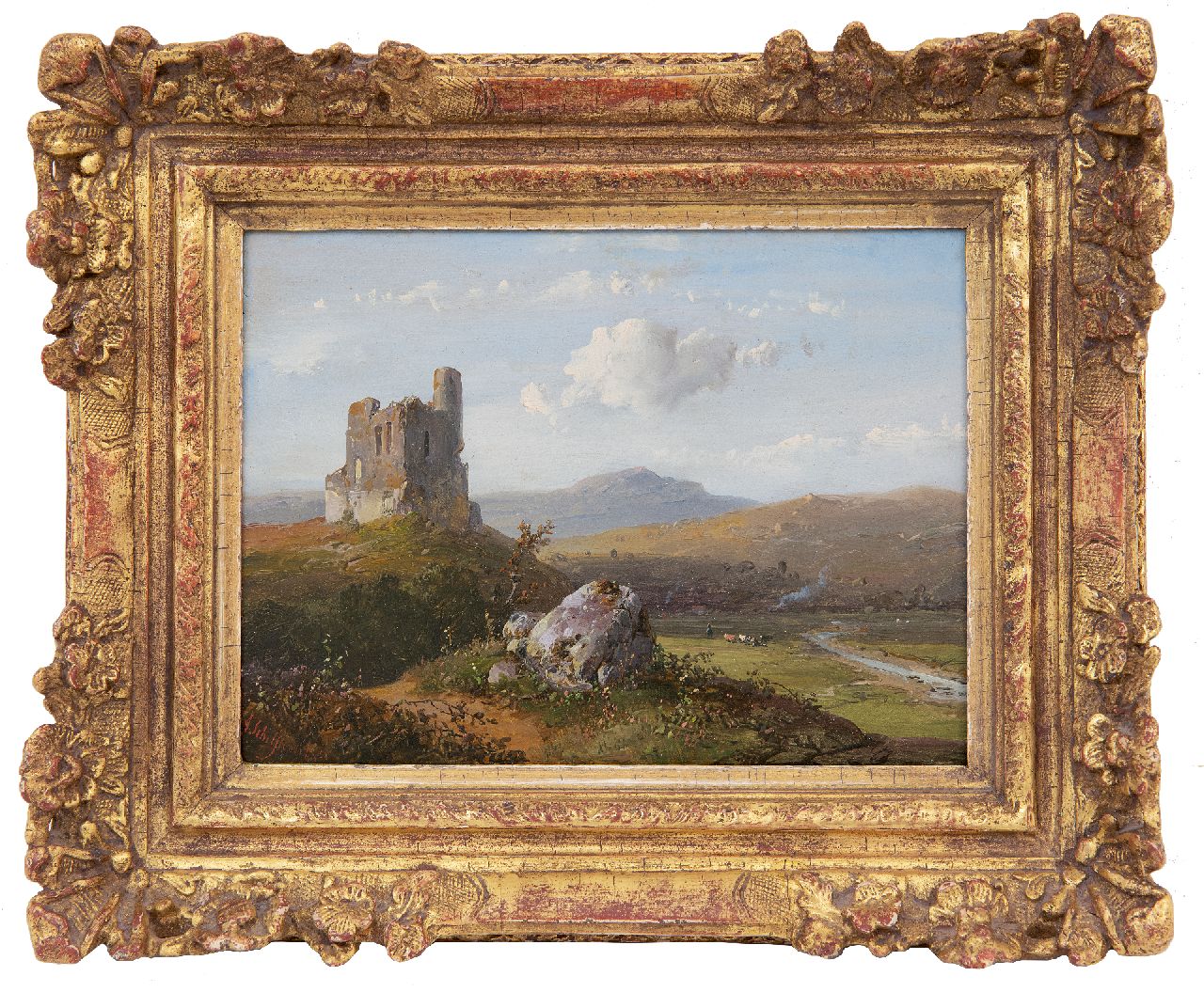 Schelfhout A.  | Andreas Schelfhout | Schilderijen te koop aangeboden | Panoramisch heuvellandschap met ruïne, olieverf op paneel 14,8 x 21,1 cm, gesigneerd linksonder en gedateerd '50
