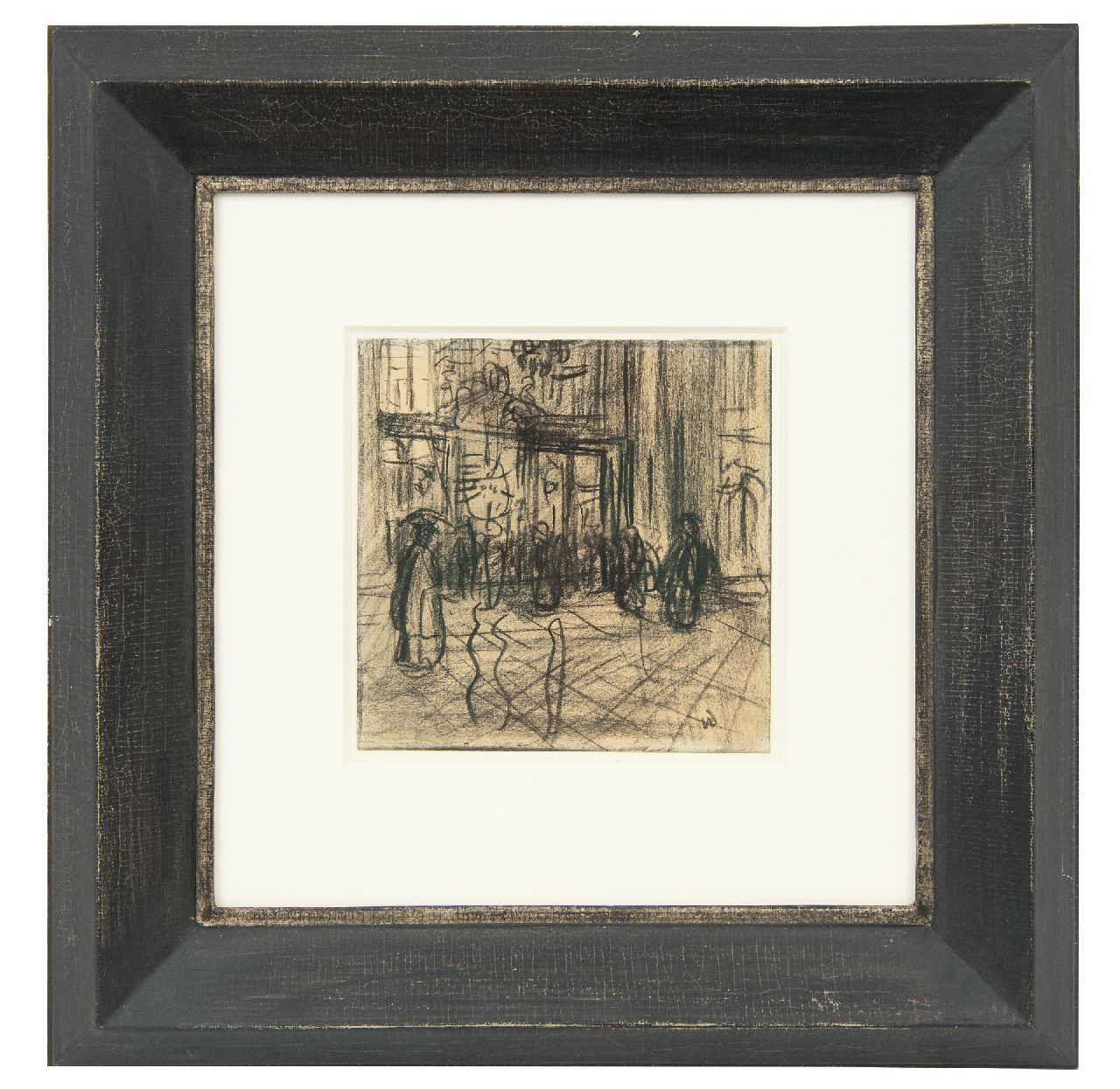 Dongen C.T.M. van | Cornelis Theodorus Maria 'Kees' van Dongen | Aquarellen en tekeningen te koop aangeboden | Figuren in een winkelstraat, houtskool op papier 12,4 x 12,4 cm, gesigneerd rechtsonder met initialen