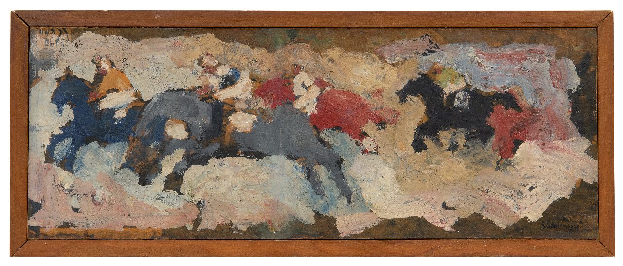 Stekelenburg J.  | Jan Stekelenburg, Paardenrace, olieverf op board 16,2 x 44,1 cm, gesigneerd rechtsonder