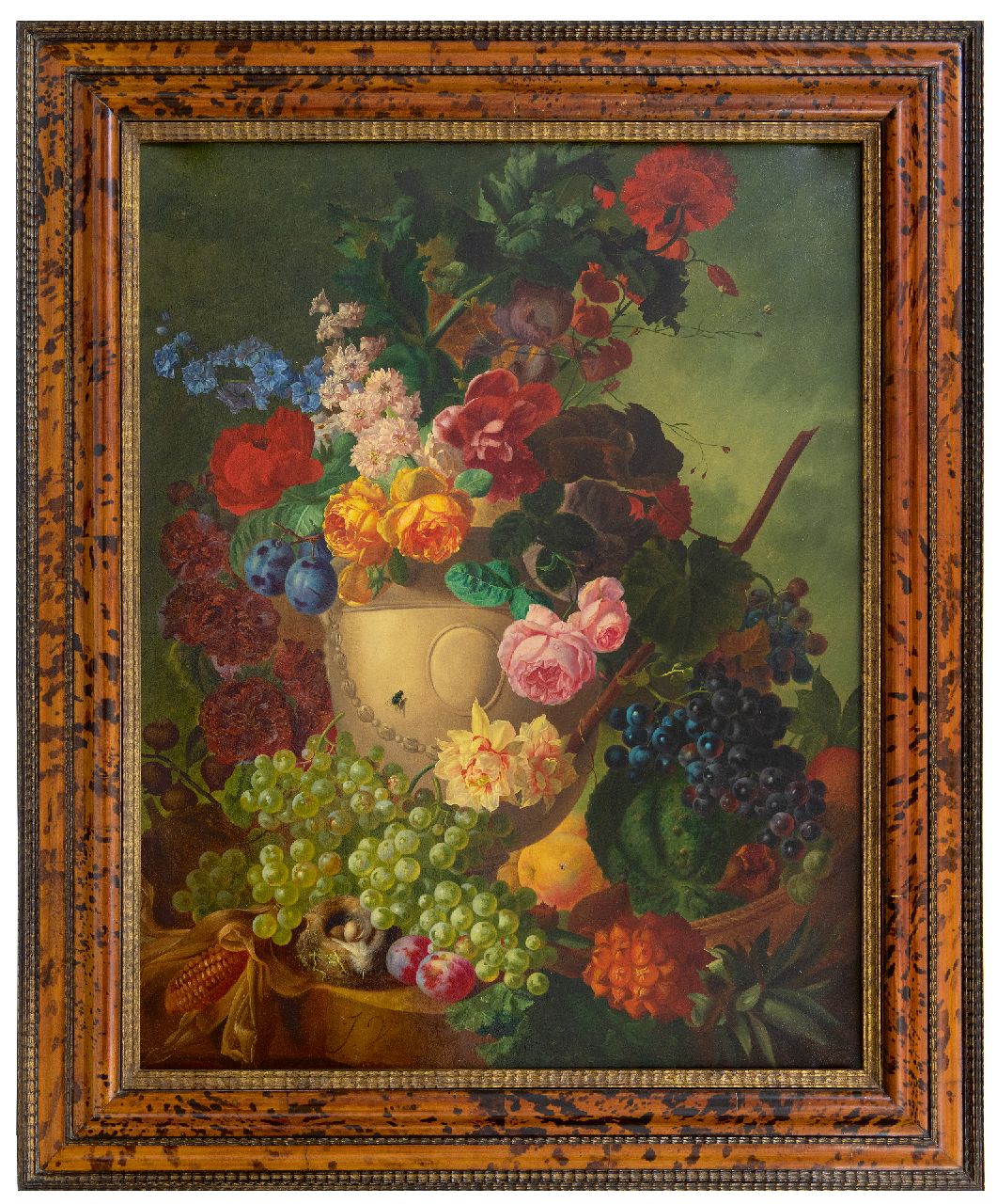 Os J. van | Jan van Os, Stilleven met bloemen, vruchten en een vogelnestje op marmeren plint, olieverf op doek 84,1 x 65,3 cm, gesigneerd linksonder