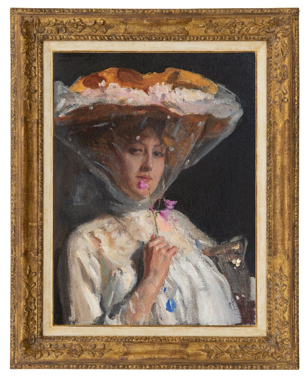 Oppenheimer J.  | Joseph Oppenheimer | Schilderijen te koop aangeboden | Vrouw met lathyrusbloem, olieverf op doek 68,8 x 51,3 cm, gesigneerd linksboven en gedateerd 'London' 1904