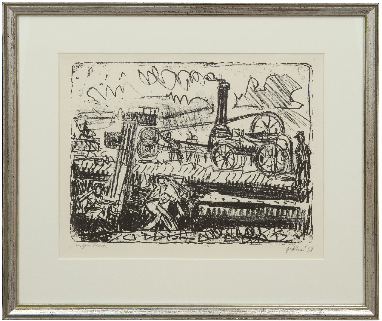 Zee J. van der | Jan van der Zee, Oogstmachines, litho op papier 37,0 x 47,3 cm, gesigneerd rechtsonder (in potlood) en gedateerd (in potlood) '53 Zee J. van der | Jan van der Zee, Oogstmachines, litho op papier 37,0 x 47,3 cm, gesigneerd rechtsonder (in potlood) en gedateerd (in potlood) '53