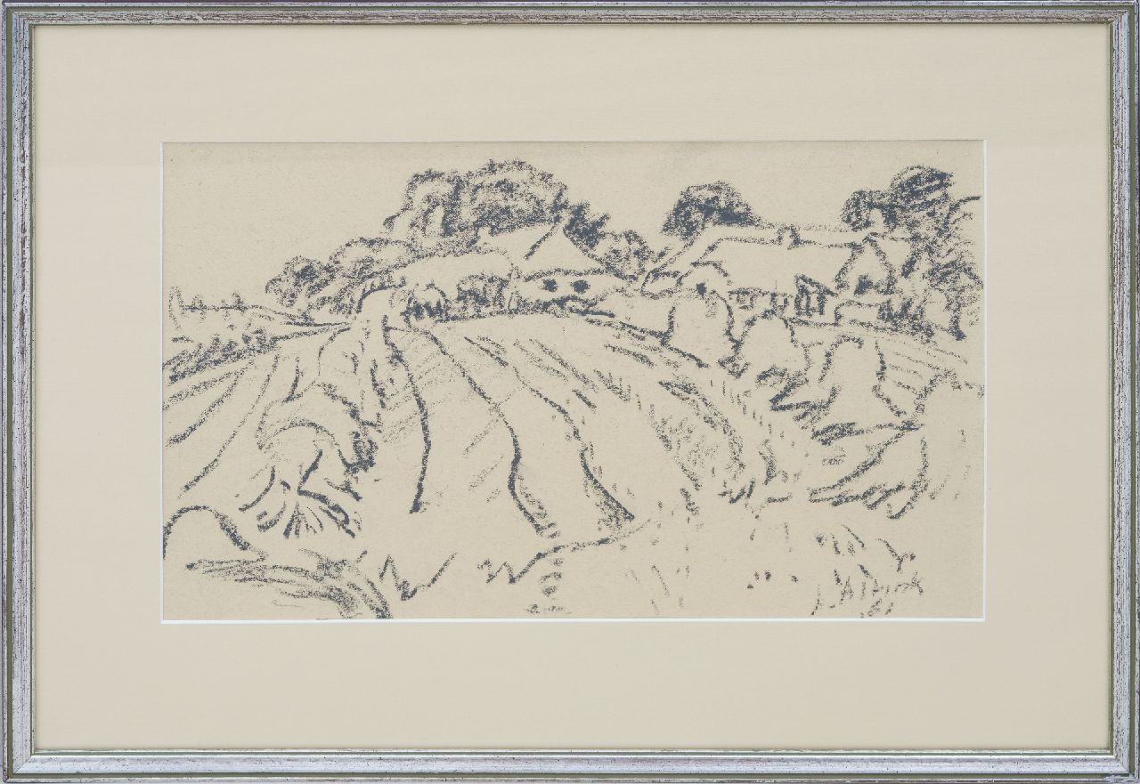 Altink J.  | Jan Altink | Aquarellen en tekeningen te koop aangeboden | Akkerland met boerderijen, zwart krijt op papier 31,1 x 48,3 cm, gesigneerd rechtsonder en gedateerd '61